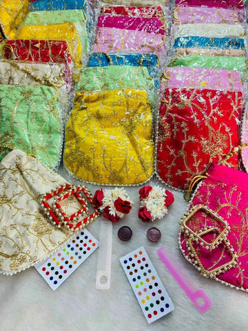 Luxury Teej Shringar Kit for Women | Designer Potli with Bindi, Sindoor, Gajra, Comb & Bangles Pair | Festival Gift Hamper