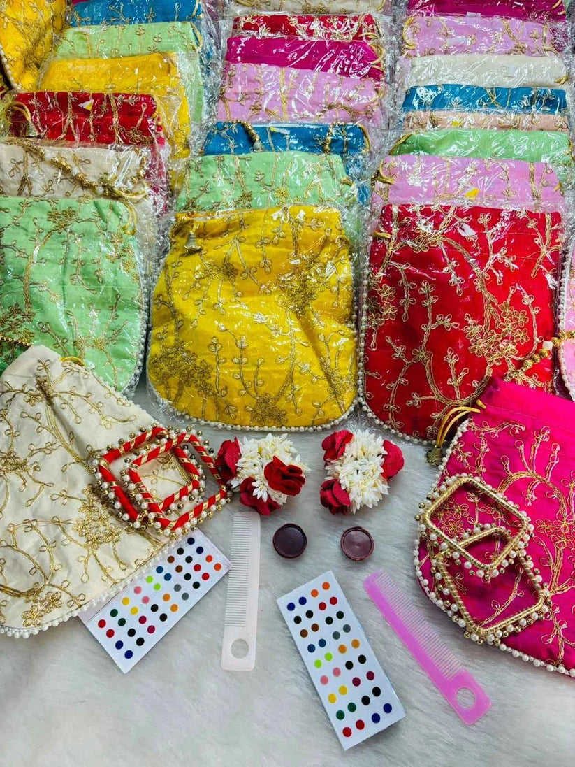 Luxury Teej Shringar Kit for Women | Designer Potli with Bindi, Sindoor, Gajra, Comb & Bangles Pair | Festival Gift Hamper