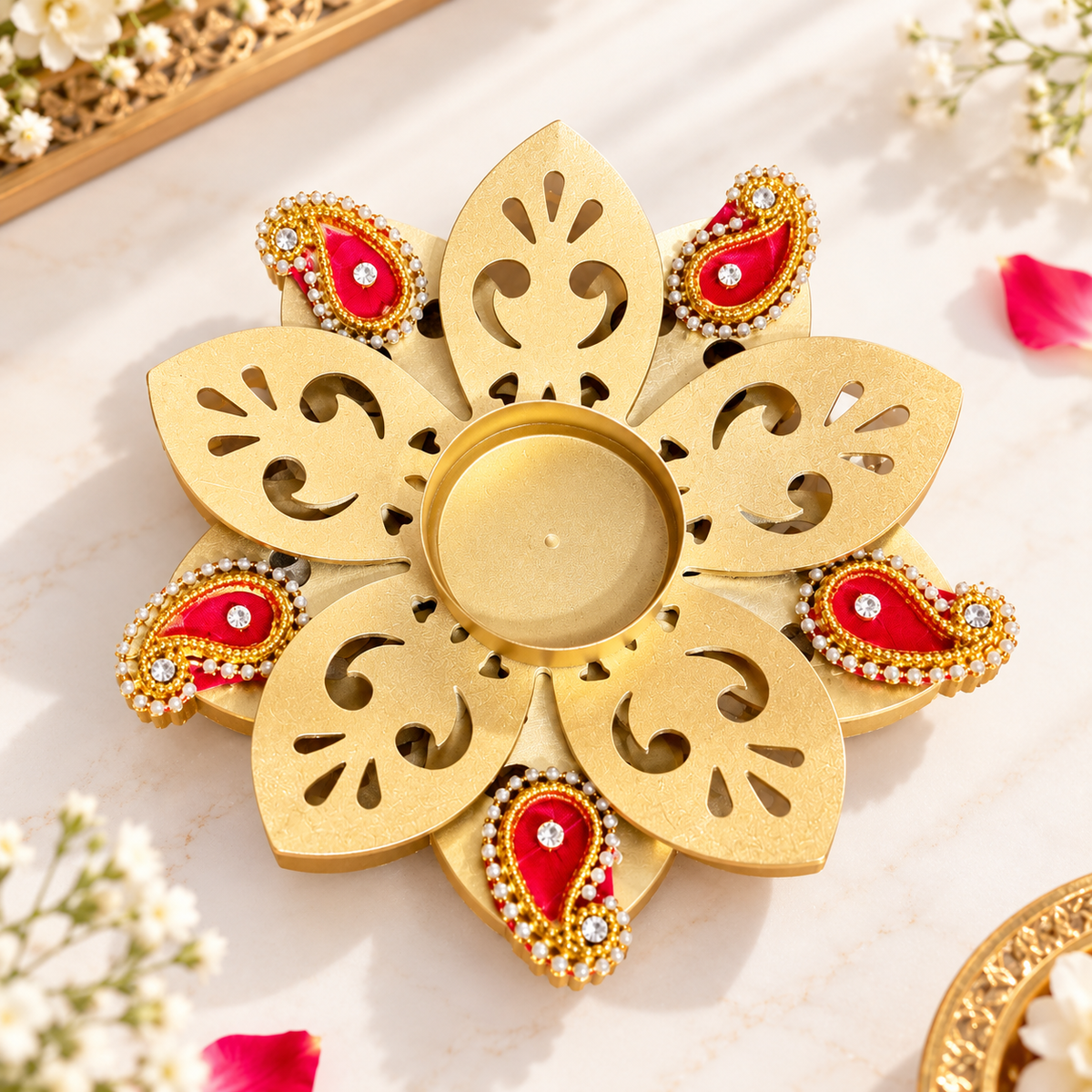 Decorative metal urli tea light holder with lotus floral design for Diwali decoration and festive home decor