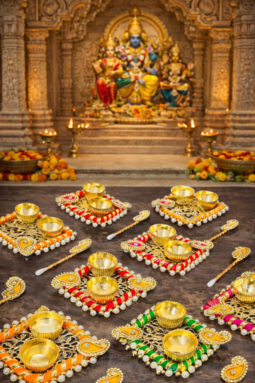 Small puja thali set with roli chawal and tilak stick used for tilak ceremony and religious rituals