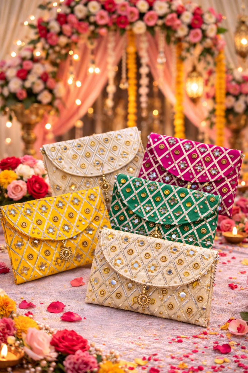 Mirror handwork clutch bag with pearl handle, perfect for wedding functions, festive wear, and party outfits