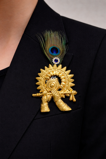 Morpank Murli brooch with peacock feather and flute design for men blazer