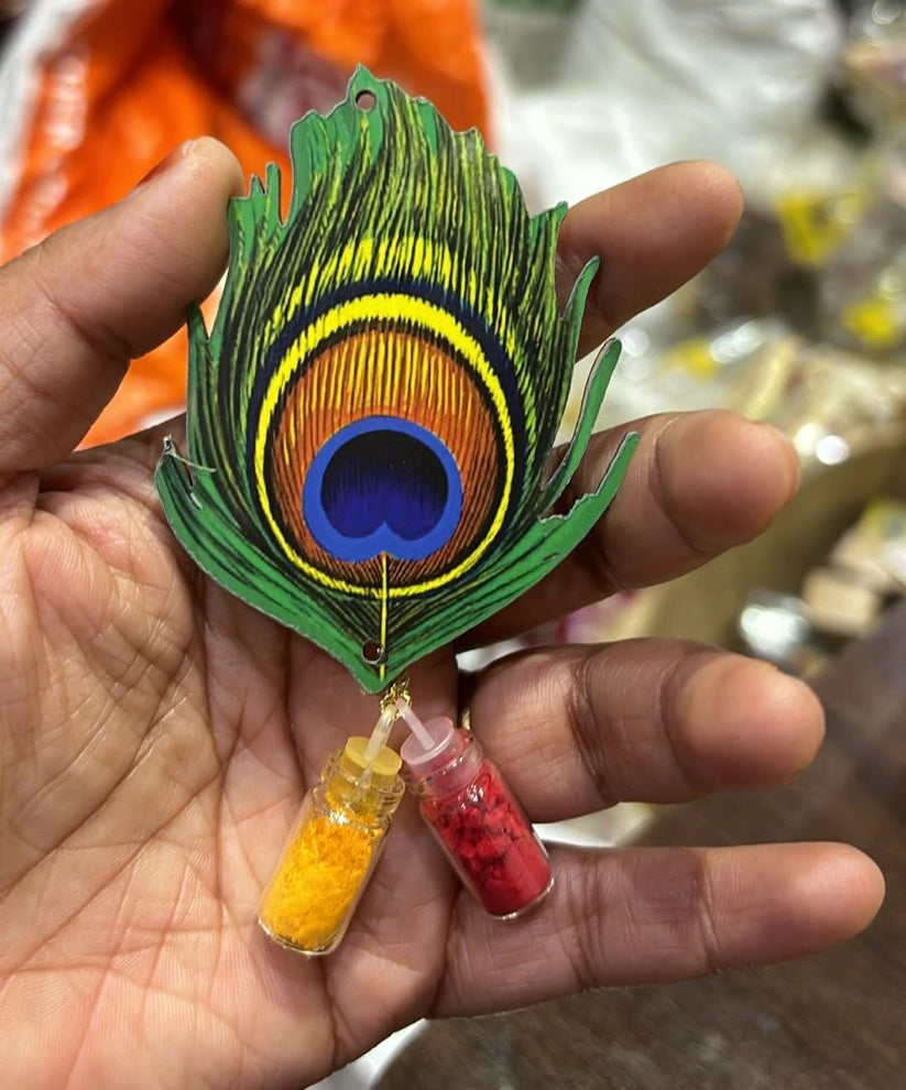 Morpankh haldi kumkum holder with peacock feather design and fridge magnet for pooja and gifting