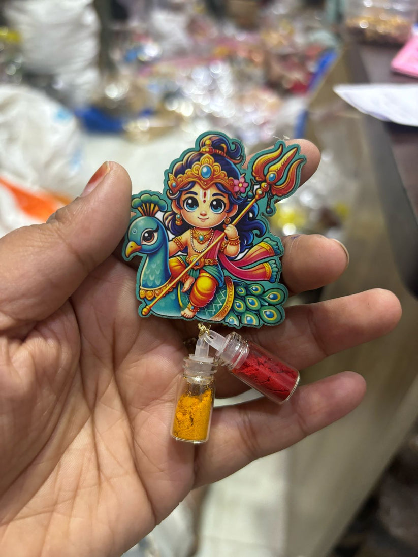 Murugan haldi kumkum set with devotional fridge magnet for puja and return gifts