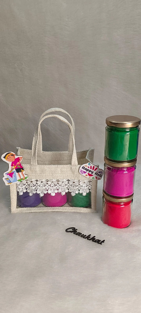Organic herbal gulal color jar hamper with natural fragrance for safe Holi celebration