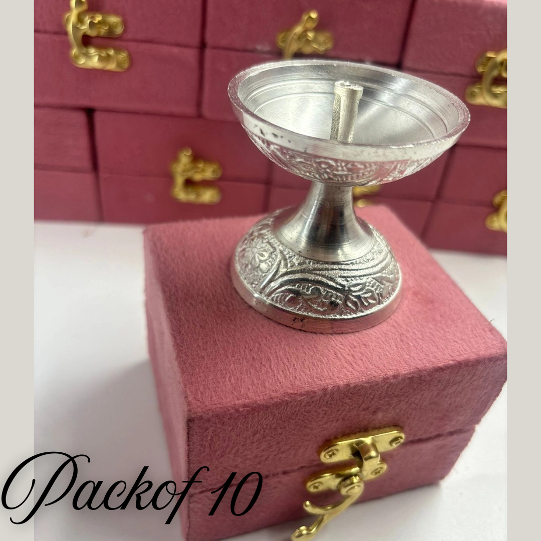 Designer German Silver Diya with Velvet Gift Box