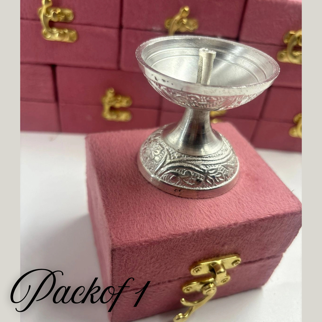 Designer German Silver Diya with Velvet Gift Box