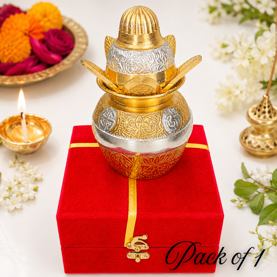 Premium German Silver Kalash with Velvet Gift Box | Decorative Pooja Kalash for Home Temple, Diwali, Wedding & Housewarming Gift