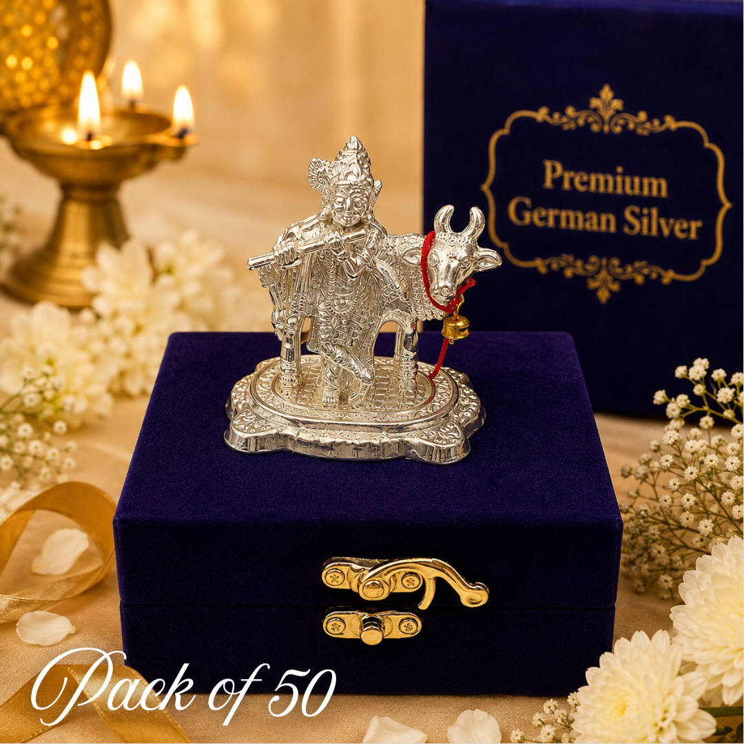 German Silver Krishna Cow Idol with Premium Velvet Gift Box