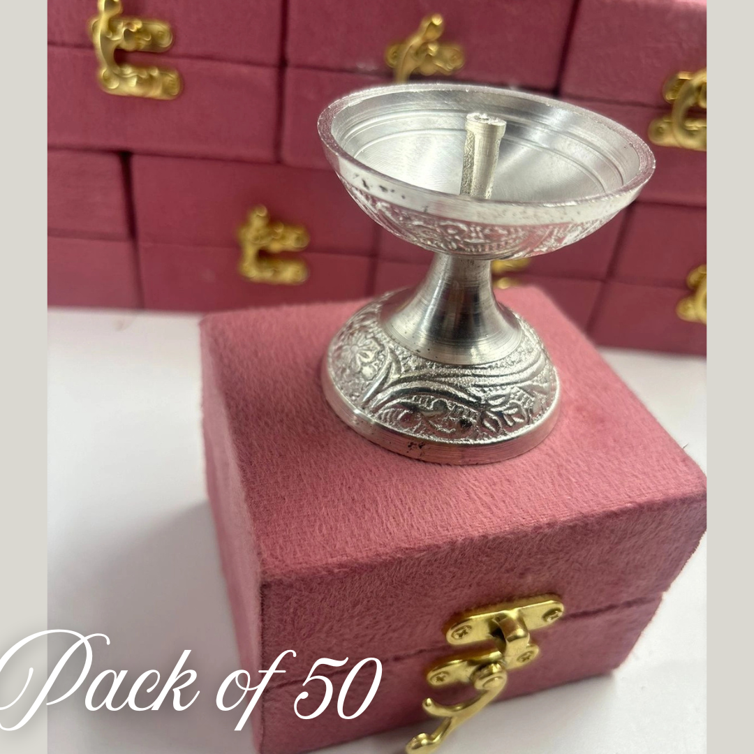 Designer German Silver Diya with Velvet Gift Box