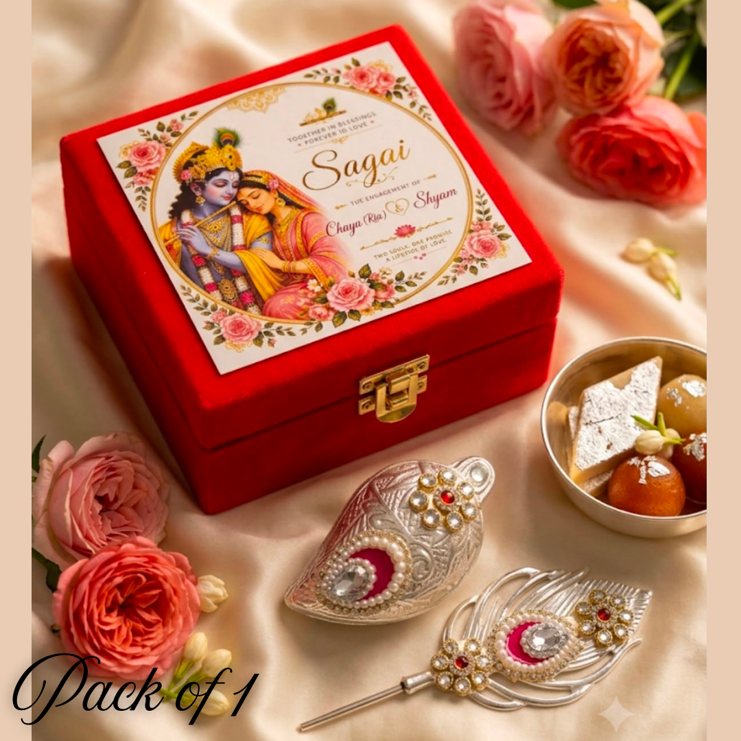 Customized Engagement Gift Box in German Silver Kumkum Box & Tilak Stick | Premium Ring Ceremony Return Gift for Couples