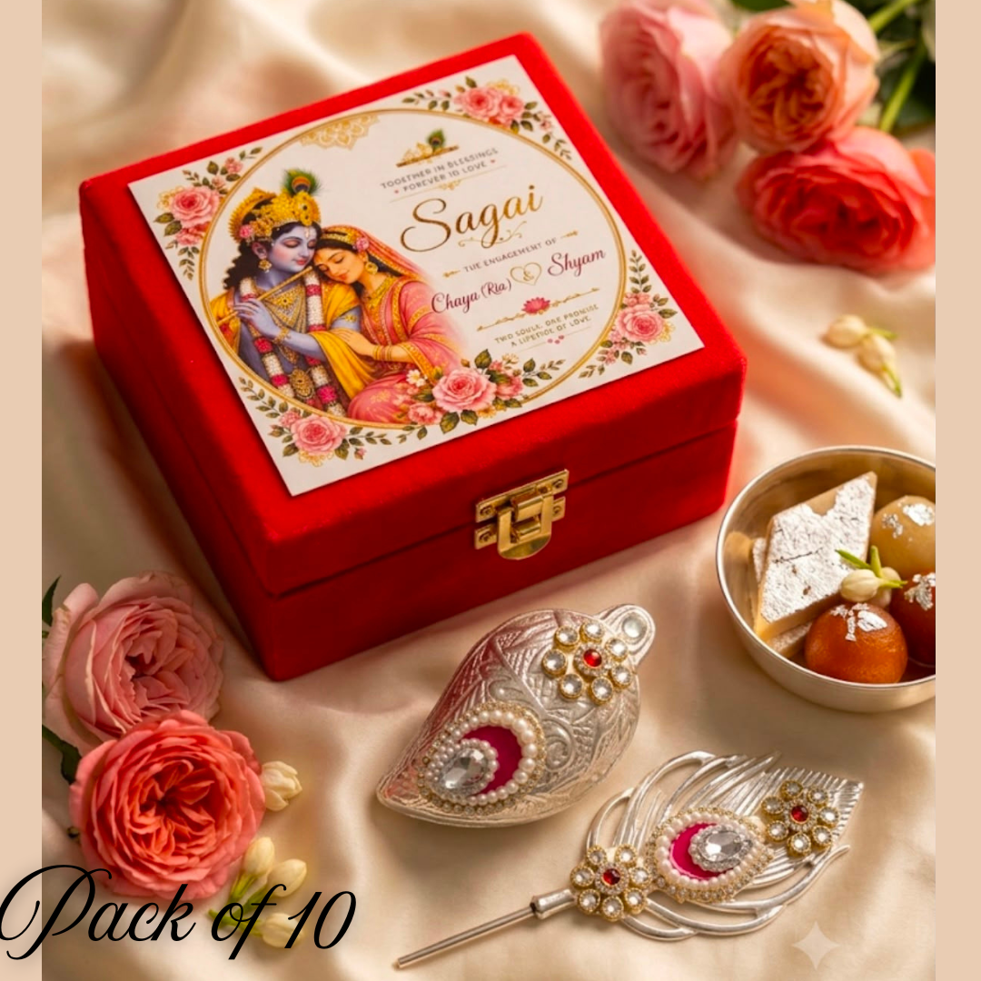Customized Engagement Gift Box in German Silver Kumkum Box & Tilak Stick | Premium Ring Ceremony Return Gift for Couples