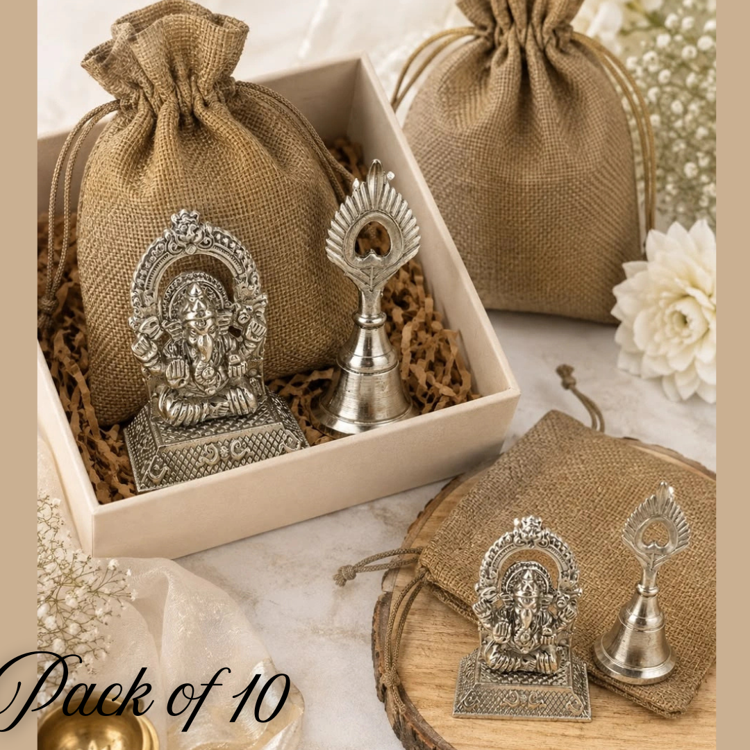 German Silver Ganesh Chaturthi Hamper with Bell & Jute Potli