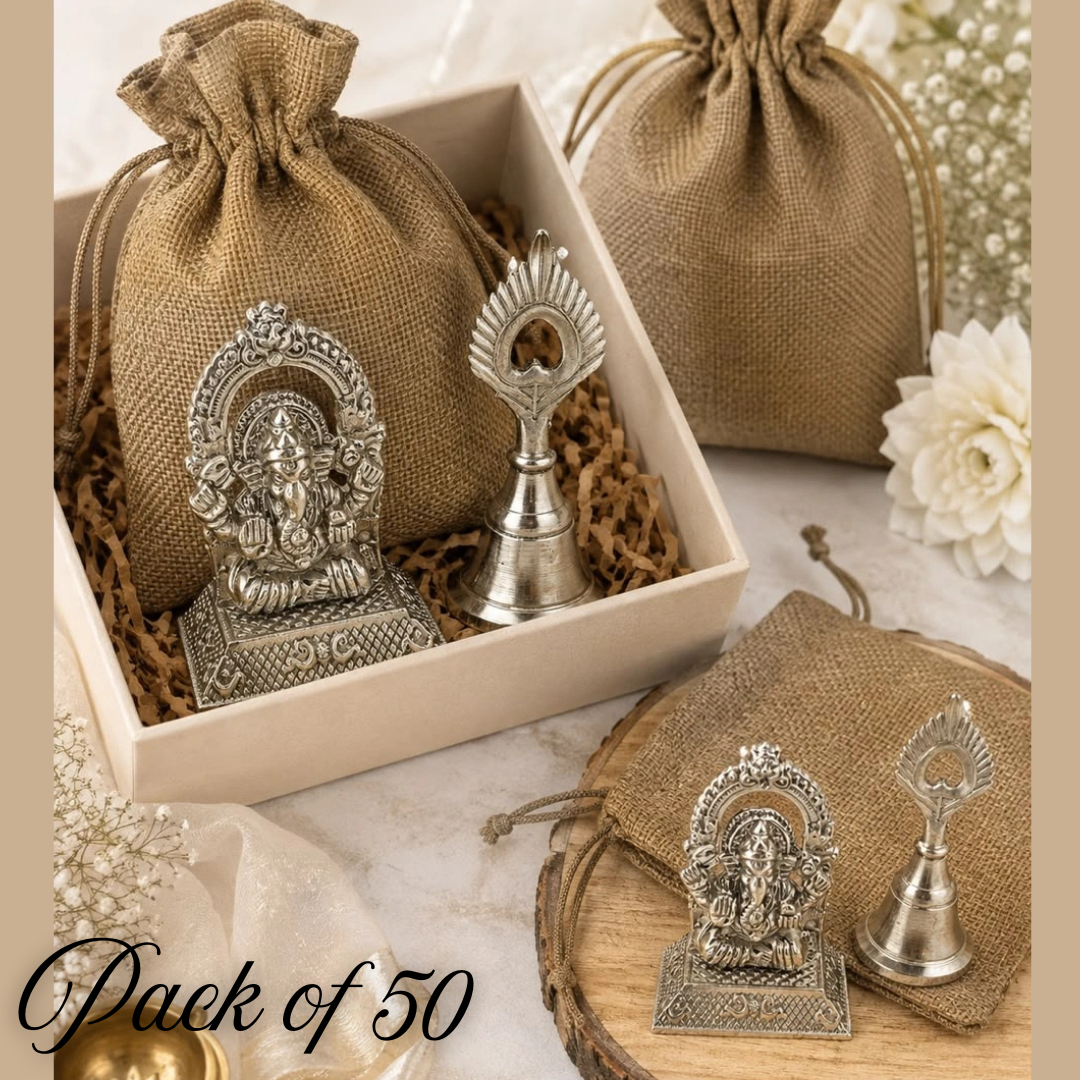 German Silver Ganesh Chaturthi Hamper with Bell & Jute Potli