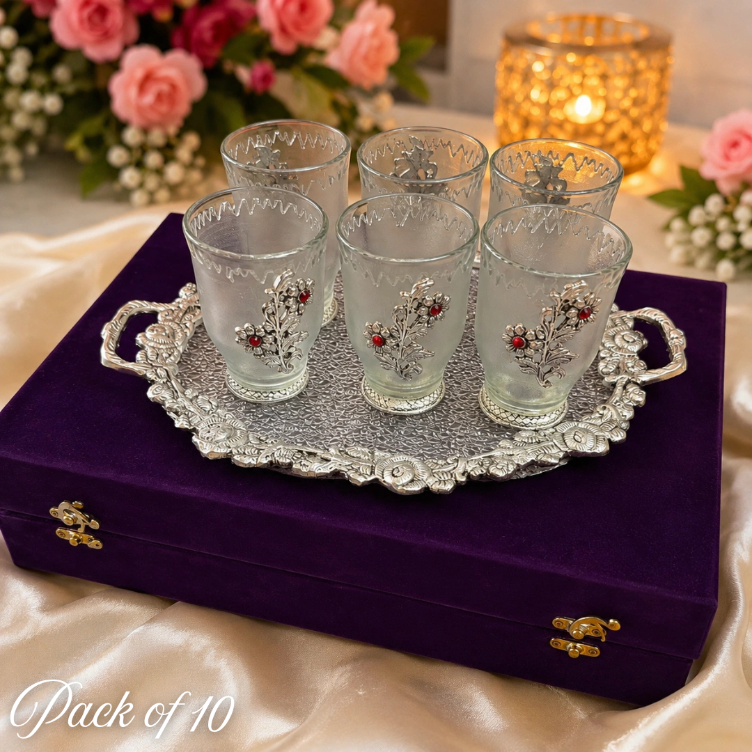 German Silver Floral 6 Tea Glass Set with Designer Serving Tray & Velvet Gift Box
