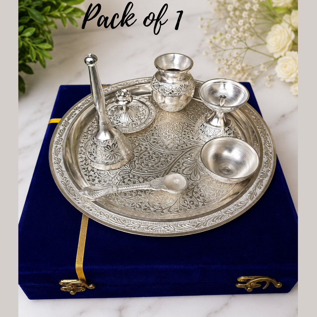 German Silver Pooja Thali Set with Velvet Box | Premium Puja Gift Set for Diwali, Housewarming, Wedding & Temple Use