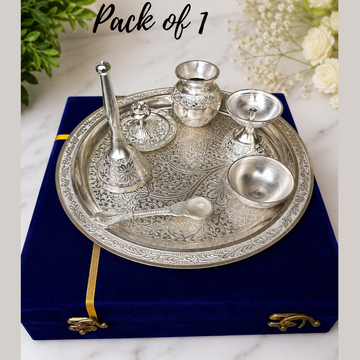 German Silver 10 inch  Pooja Thali Set with Velvet Gift Box