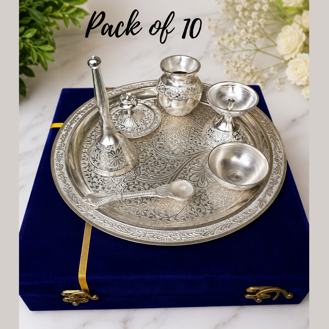 German Silver Pooja Thali Set with Velvet Box | Premium Puja Gift Set for Diwali, Housewarming, Wedding & Temple Use