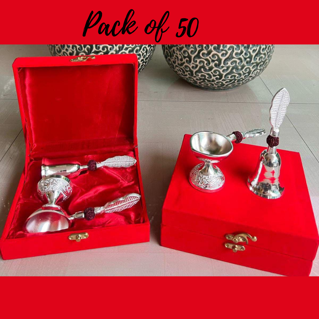 Premium German Silver Rudraksh Bell & Diya Set in Red Velvet Gift Box