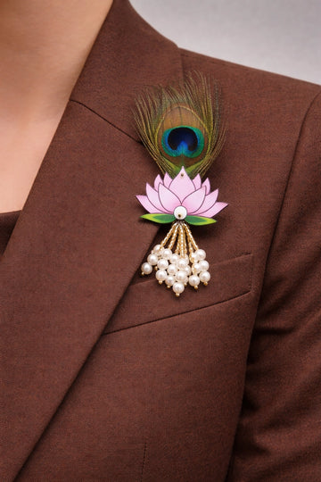 Peacock Feather Lotus Brooch with Kundan and crystal detailing
