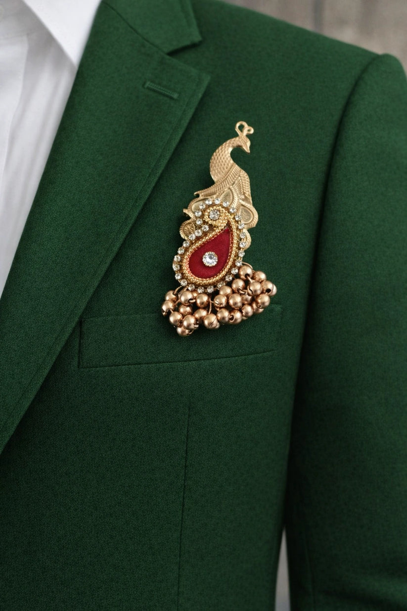 Elegant peacock brooch with kundan stones and detailed feather design