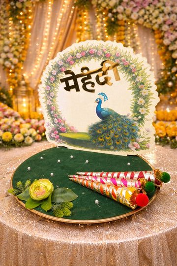 Wedding mehndi decorative platter with colorful peacock artwork design