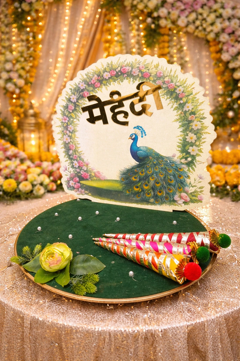 Wedding mehndi decorative platter with colorful peacock artwork design