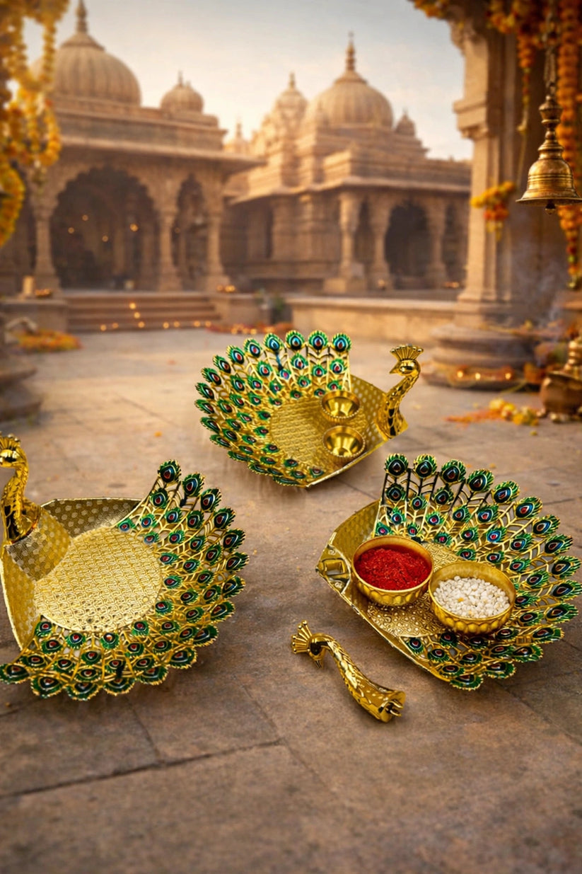 Peacock Mor design roli chawal plate used for tilak, pooja rituals, and festive ceremonies
