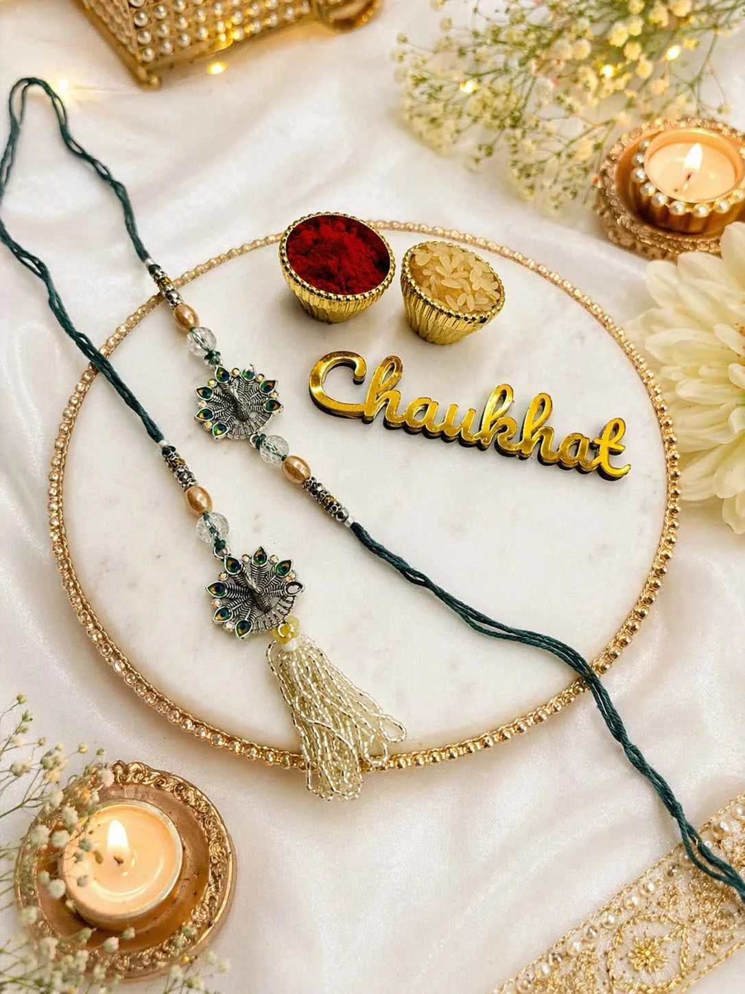 Traditional Peacock Rakhi & Lumba Set | Designer Bhai Bhabhi Rakhi with Beads & Tassel