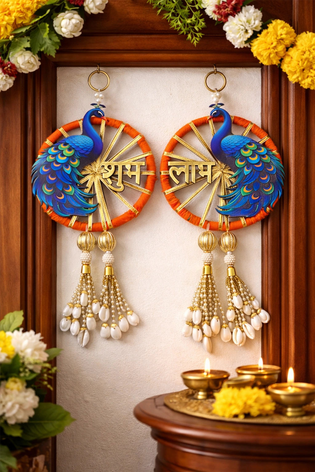Peacock design Shubh Labh pair for home entrance door decor