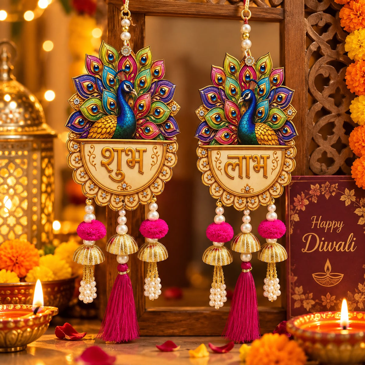 Peacock Shubh Labh wall hanging pair with pearl and tassel decoration for Diwali and pooja room