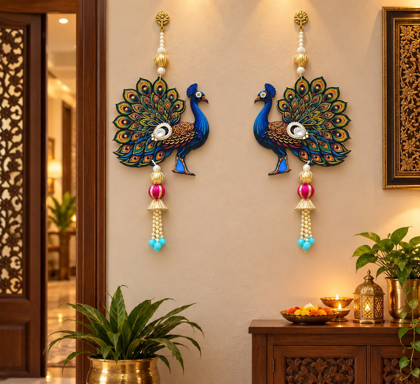 Peacock wall hanging pair with pearl and beaded tassels for Diwali and pooja room decoration