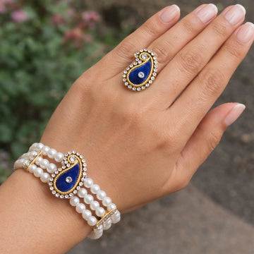Pearl beaded kundan bracelet with matching ring set for women traditional jewelry