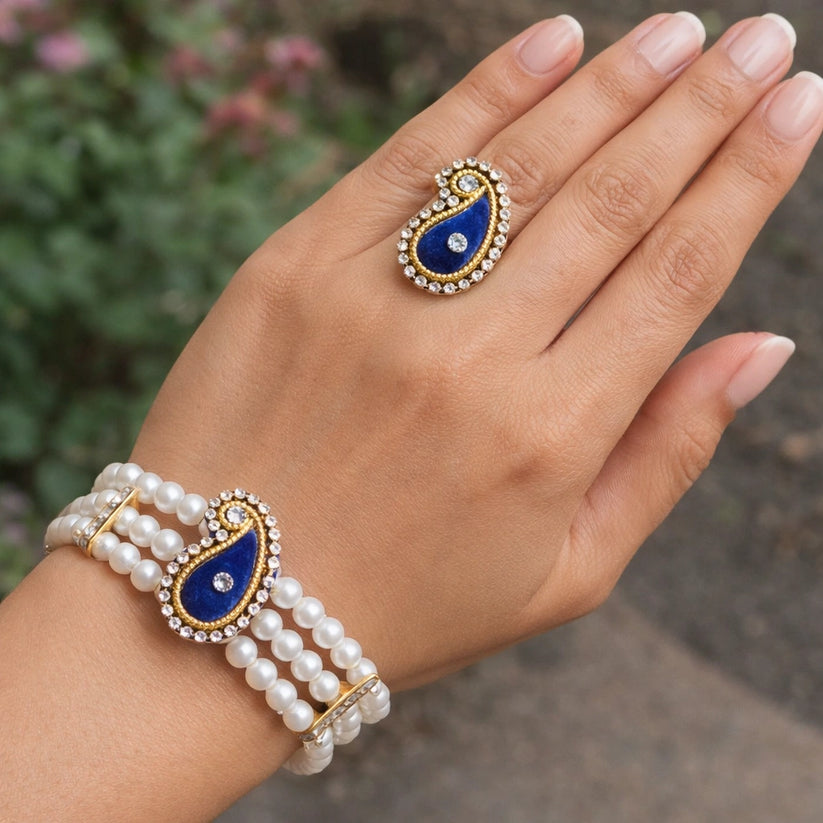 Pearl beaded kundan bracelet with matching ring set for women traditional jewelry