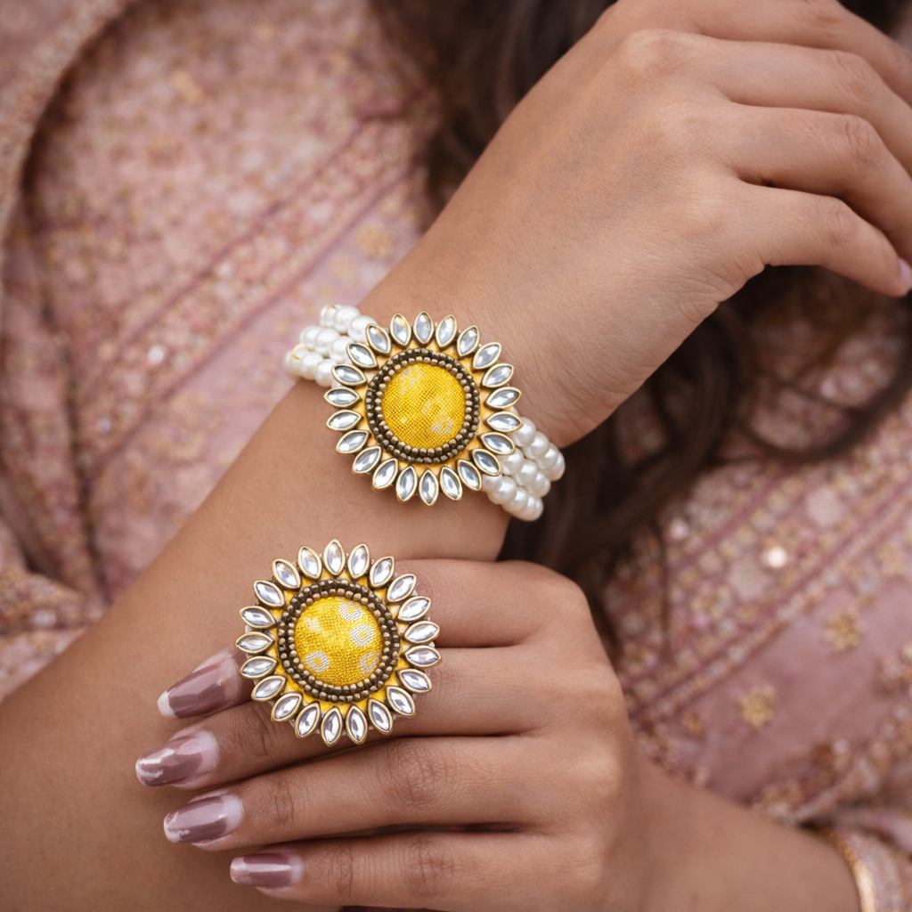 Traditional pearl bracelet with kundan ring combo jewelry set for women and girls