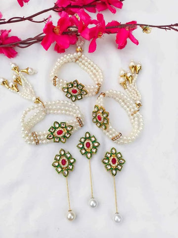 Pearl and Kundan Bracelet and Lapel Pin Combo Set for Wedding and Festive Wear