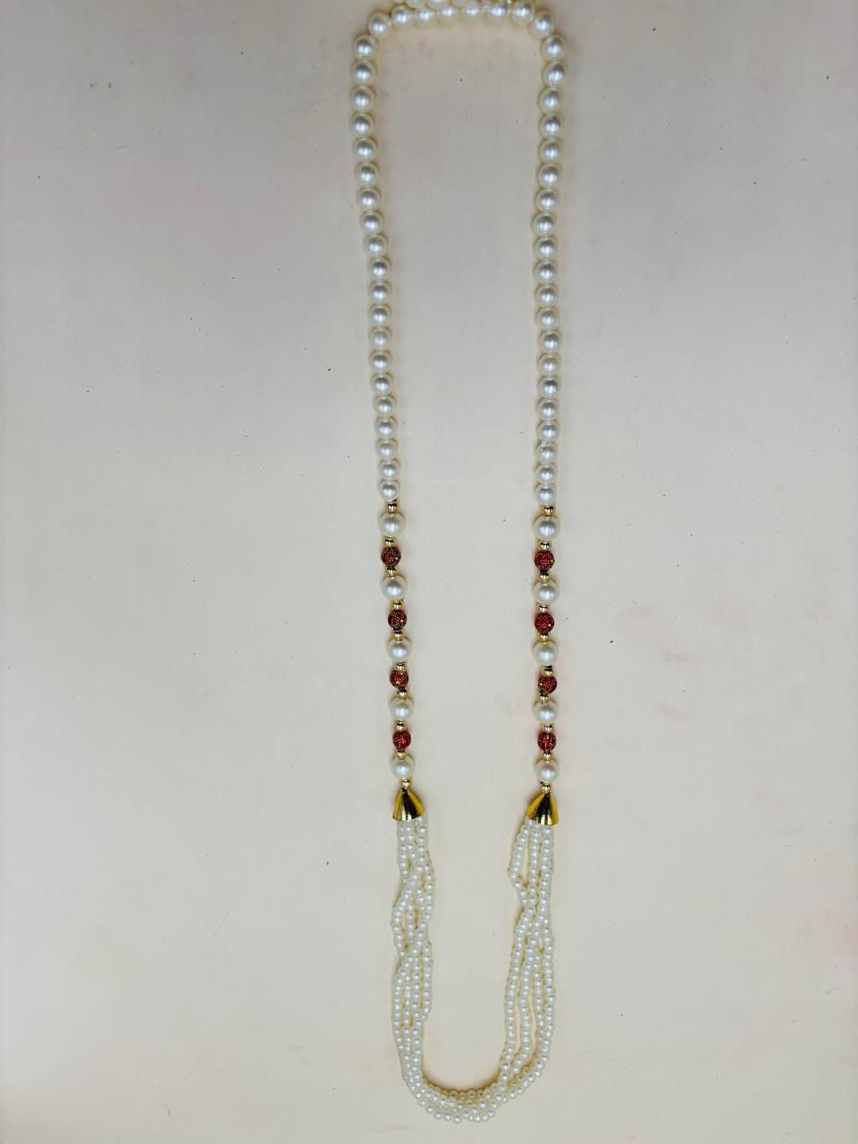 Traditional Pearl Mala Necklace with Red Accent Beads - Chaukhat Hampers
