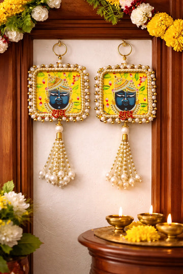 Pearl Shubh Labh pair with Shreenath Ji design traditional wall hanging for Diwali decor