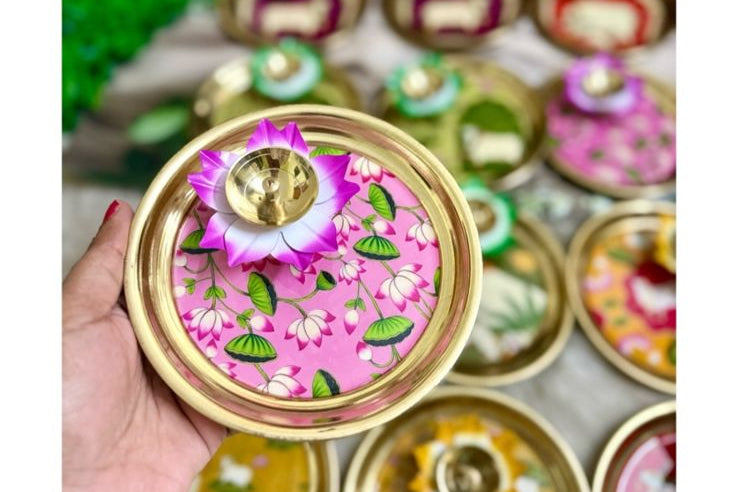 Pichwai design decorative plate with lotus diya for pooja, Diwali decor and traditional Indian gifting