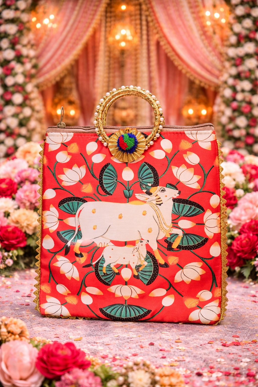 Traditional Pichwai design potli bag with ethnic print, perfect for weddings, festive occasions, and gifting