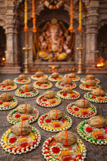Traditional Pichwai MDF thali decorated with buta design and mini nariyal for wedding pooja rituals