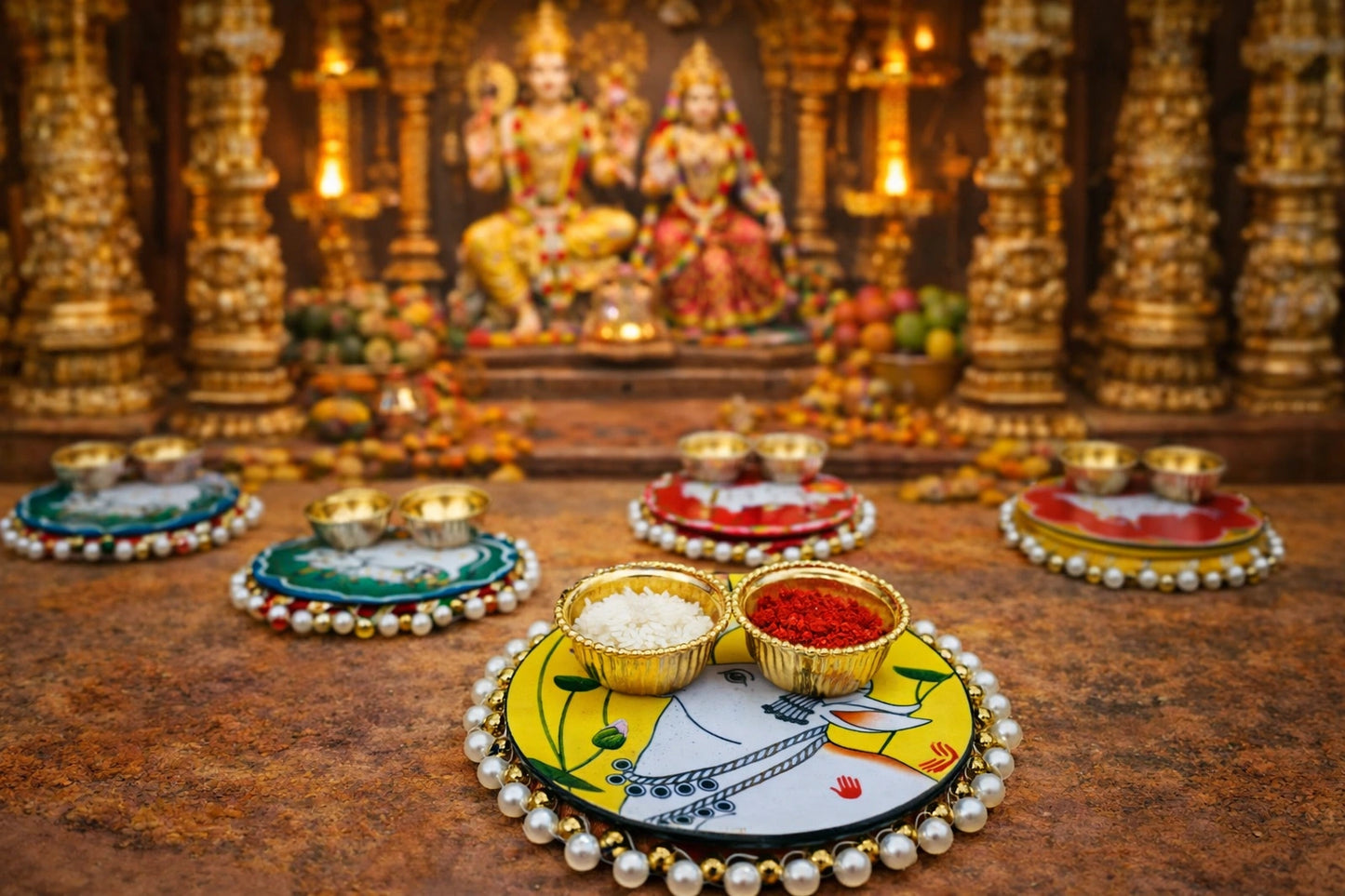Pichwai style cow roli chawal platter used for Hindu puja rituals and tilak ceremonies