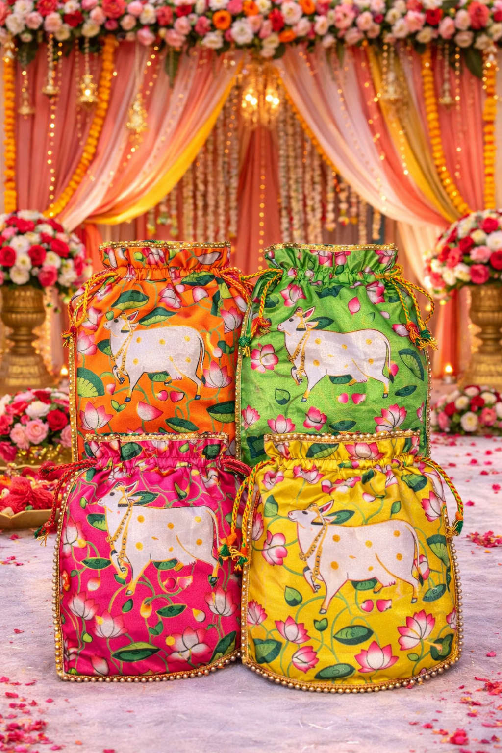 Traditional Pichwai style potli bag with detailed artwork and drawstring closure for weddings and festive occasions