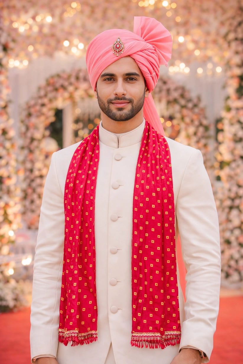 Pink Bandhej Phatka for wedding welcome ceremony traditional Rajasthani style