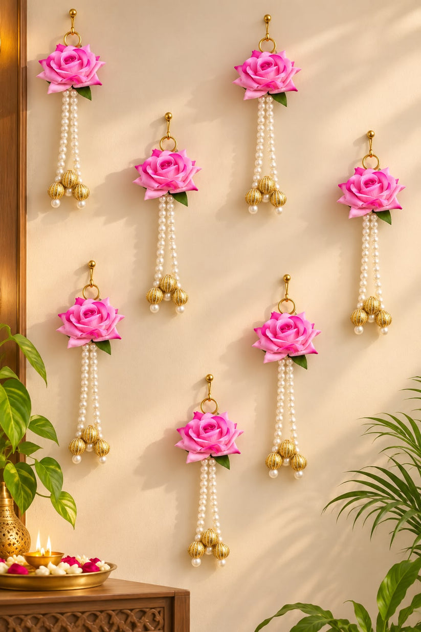 Pink rose flower wall hanging with pearl tassels for home and festive decoration