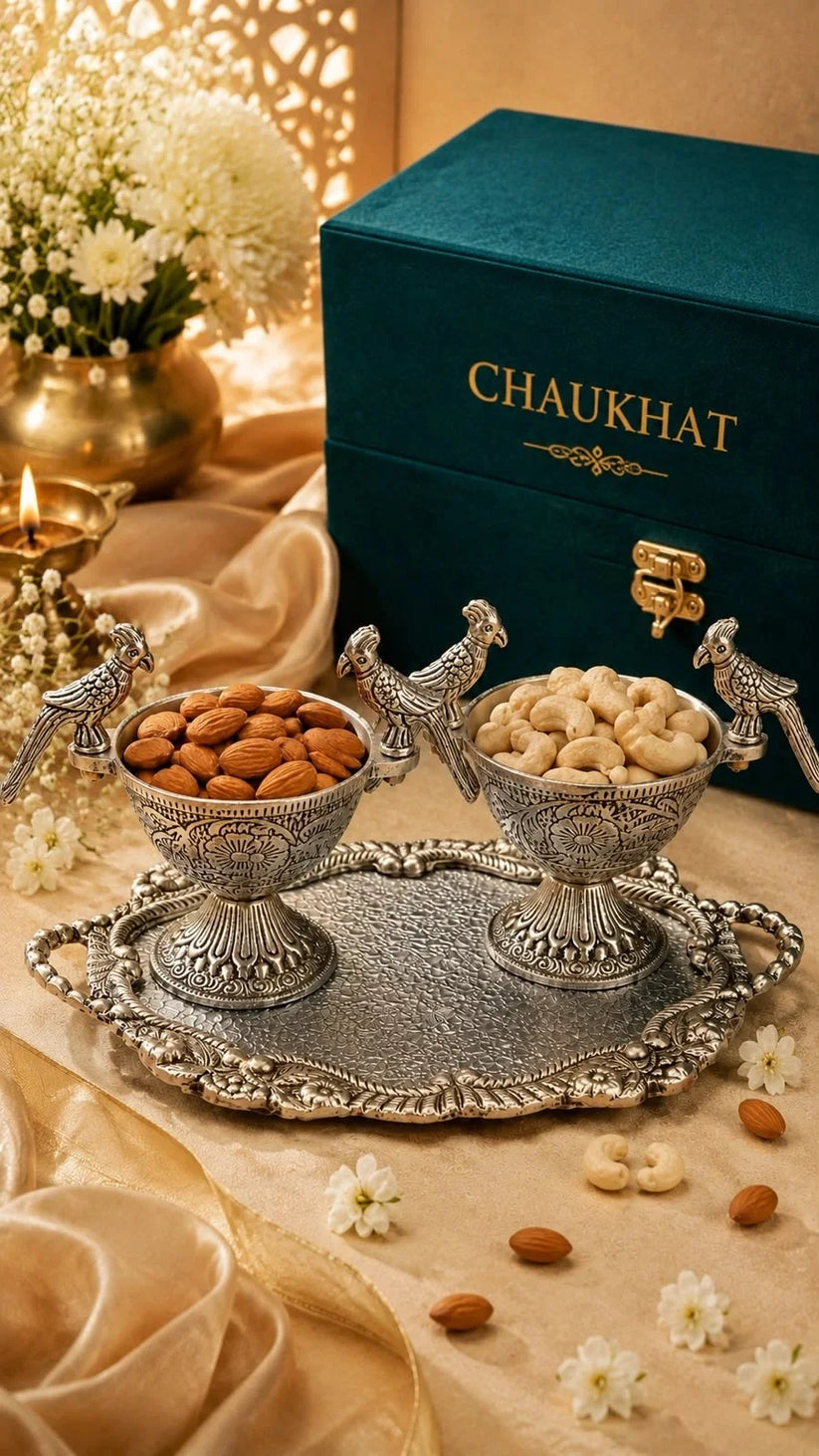 Premium German silver dry fruit serving bowl set with decorative tray and velvet gift box
