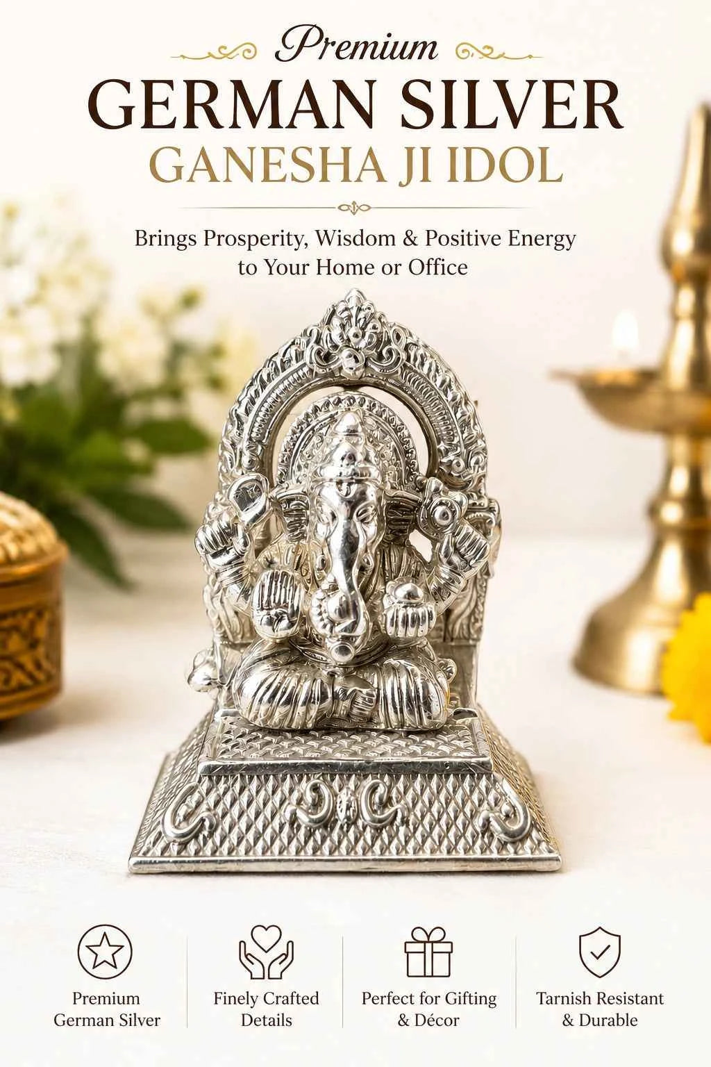 Premium German Silver Ganesh ji Gift for Ganesh Chaturthi, Housewarming, Diwali, Corporate Events & Religious Ceremonies