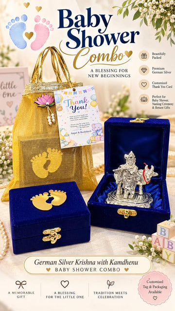 Premium German silver Krishna with Kamadhenu baby shower gift combo in customised velvet box
