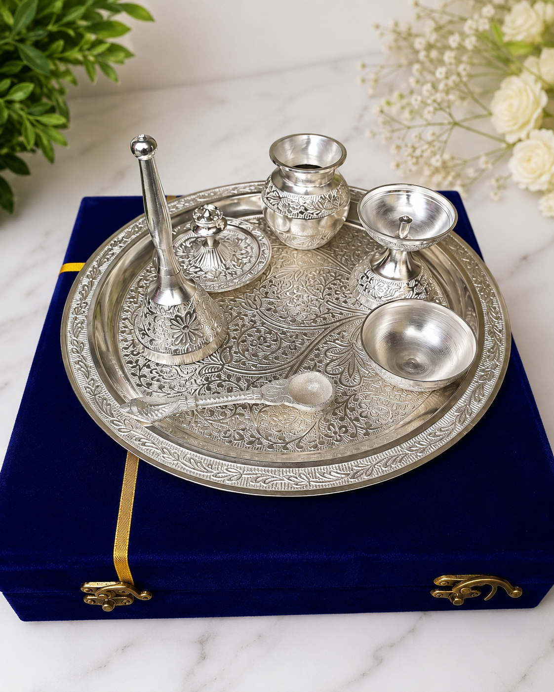Premium German Silver Pooja Thali Set with Velvet Gift Box for Diwali, Housewarming, Wedding Gift, Temple Use and Daily Puja