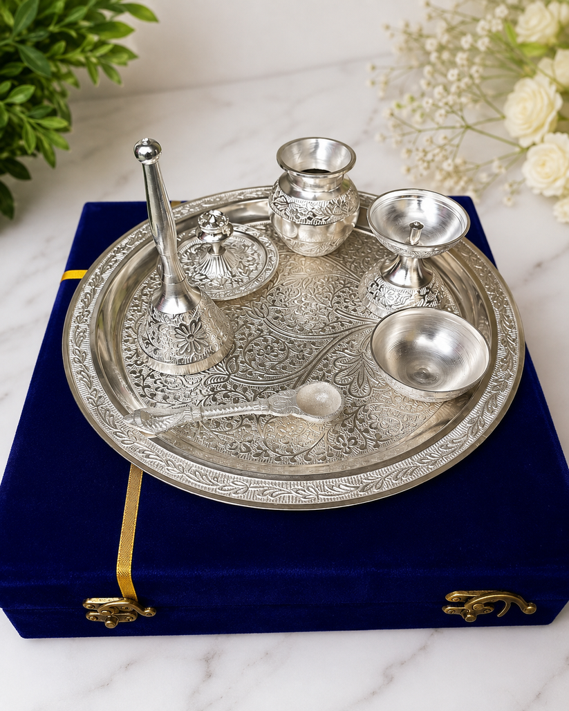 Premium German Silver Pooja Thali Set with Velvet Gift Box for Diwali, Housewarming, Wedding Gift, Temple Use and Daily Puja